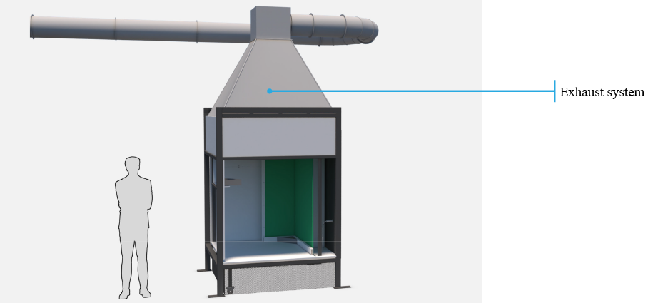 Diagram of test apparatus with a rig, hood and exhaust system.