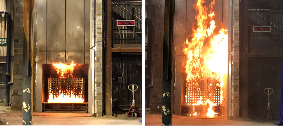 Two photographs side by side of the same test rig, the first showing a crib on fire in the early stages of a fire, the second showing the fire spreading upwards.