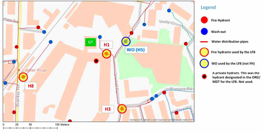 A map showing the locations of fire hydrants around Grenfell Tower